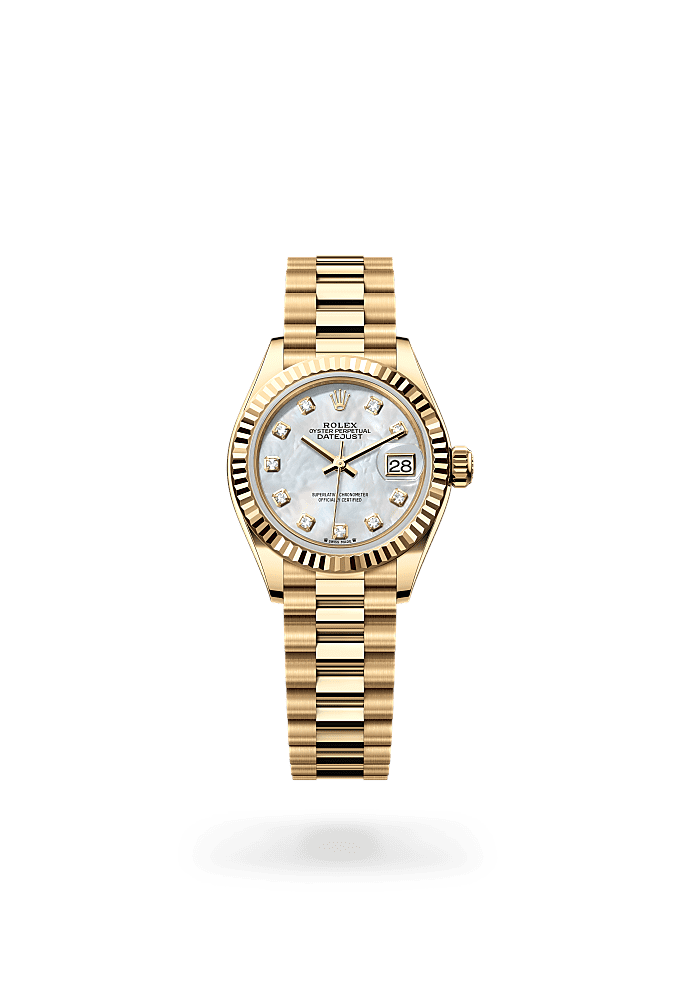 Lady-Datejust, Oyster, 28 mm, yellow gold, Dial : White mother-of-pearl set with diamonds, Rolex