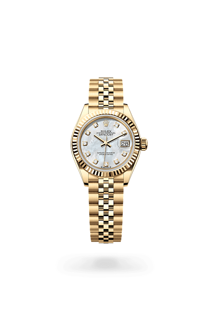 Lady-Datejust, Oyster, 28 mm, emas kuning, Dial : Tampilan lapisan kerang mutiara putih dengan berlian, Rolex