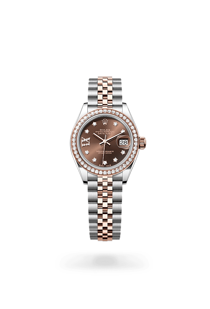 Lady-Datejust, Oyster, 28 mm, Oystersteel, emas Everose dan berlian, Dial : Tampilan cokelat dengan berlian, Rolex