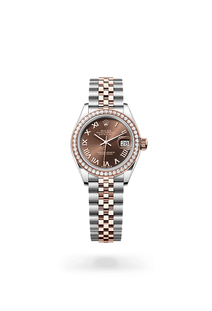 Lady-Datejust, Oyster, 28 mm, Oystersteel, Everose gold and diamonds, Dial : Chocolate, Rolex