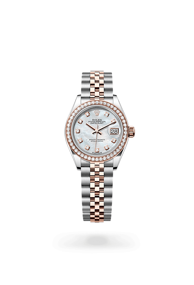 Lady-Datejust, Oyster, 28 mm, Oystersteel, emas Everose dan berlian, Dial : Tampilan lapisan kerang mutiara putih dengan berlian, Rolex