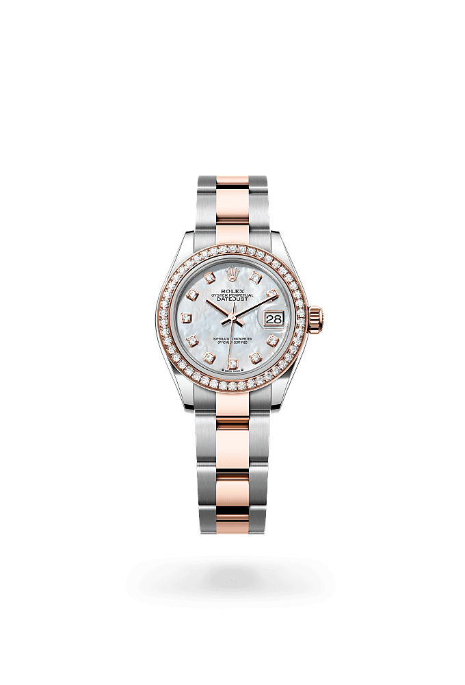 Lady-Datejust, Oyster, 28 mm, acero Oystersteel, oro Everose y diamantes, Esfera : Nácar blanco engastada de diamantes, Rolex