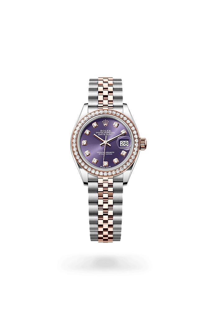 Lady-Datejust, Oyster, 28 mm, Oystersteel, Everose gold and diamonds, Dial : Aubergine set with diamonds, Rolex