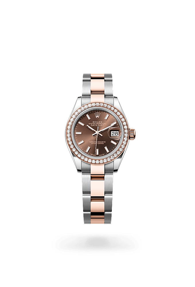 Lady-Datejust, Oyster, 28 mm, Oystersteel, Everose gold and diamonds, Dial : Chocolate, Rolex