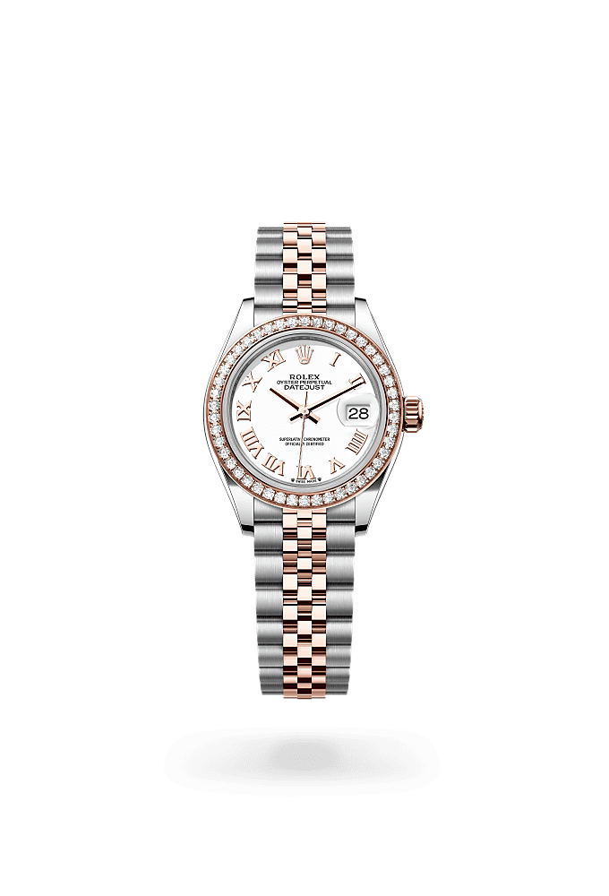Lady-Datejust, Oyster, 28 mm, Oystersteel, emas Everose dan berlian, Dial : Putih, Rolex