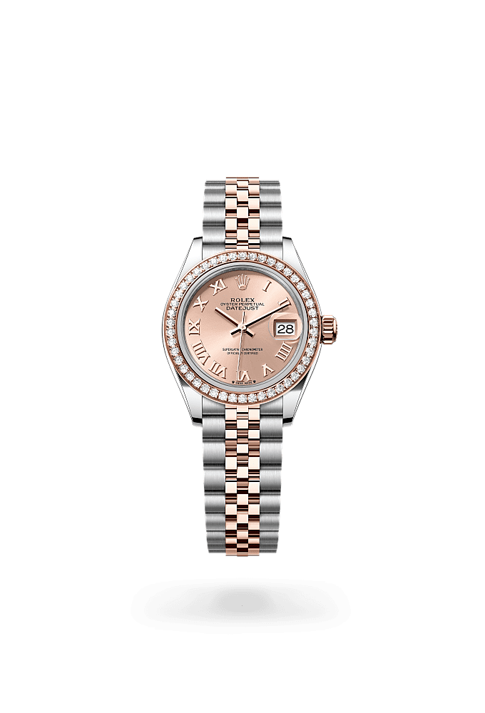 Lady-Datejust, Oyster, 28 mm, Oystersteel, emas Everose dan berlian, Dial : Berwarna <i>rosé</i>, Rolex