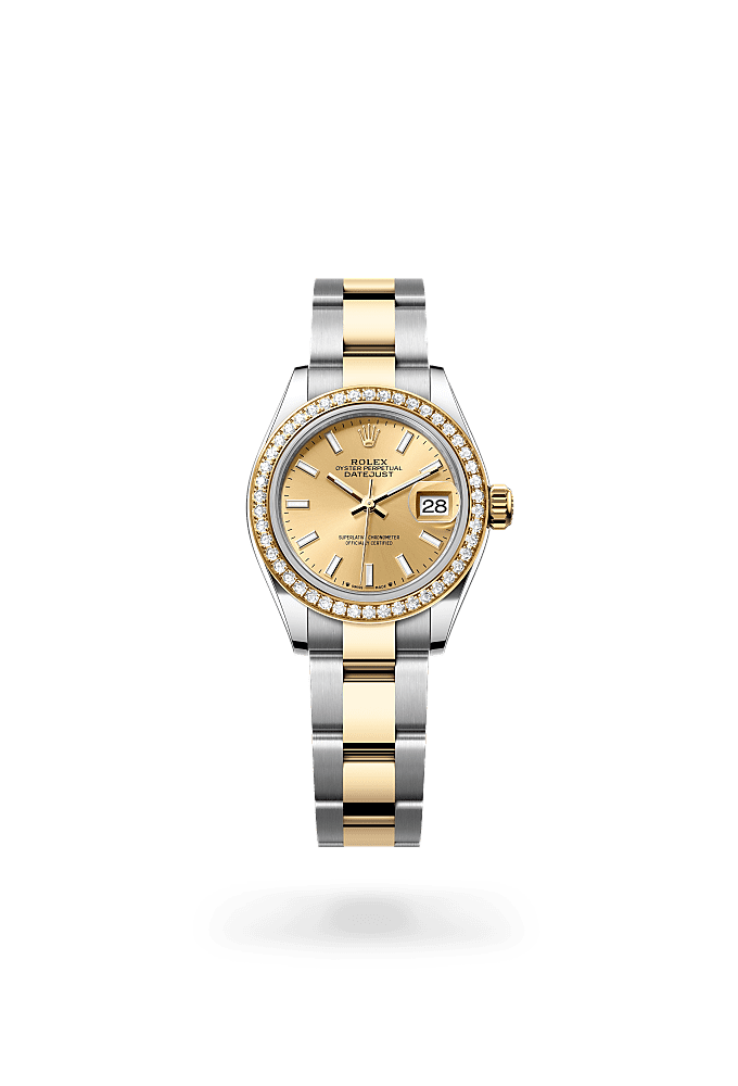 Lady-Datejust, Oyster, 28 mm, Oystersteel, emas kuning dan berlian, Dial : Berwarna sampanye, Rolex