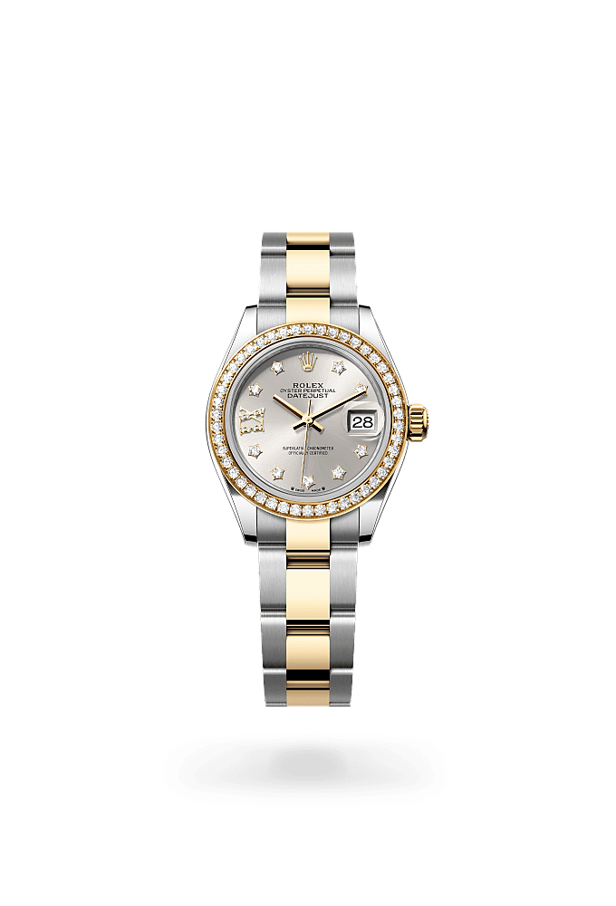 Lady-Datejust, Oyster, 28 mm, Oystersteel, yellow gold and diamonds, Dial : Silver set with diamonds, Rolex
