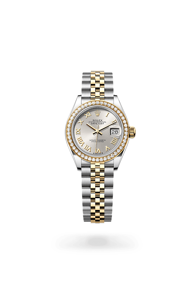 Lady-Datejust, Oyster, 28 mm, Oystersteel, emas kuning dan berlian, Dial : Perak, Rolex