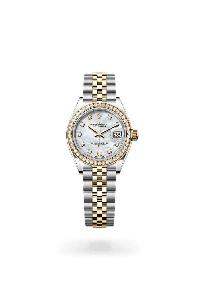 Lady-Datejust, Oyster, 28 mm, Oystersteel, emas kuning dan berlian, Dial : Tampilan lapisan kerang mutiara putih dengan berlian, Rolex