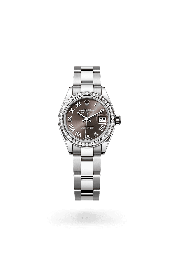 Lady-Datejust, Oyster, 28 mm, Oystersteel, white gold and diamonds, Dial : Dark grey, Rolex