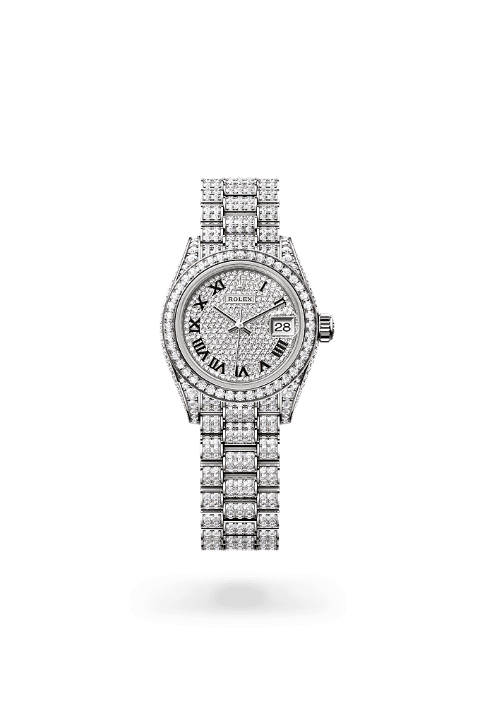 Lady-Datejust, Oyster, 28 mm, emas putih dan berlian, Permukaan : Berturap berlian, Rolex