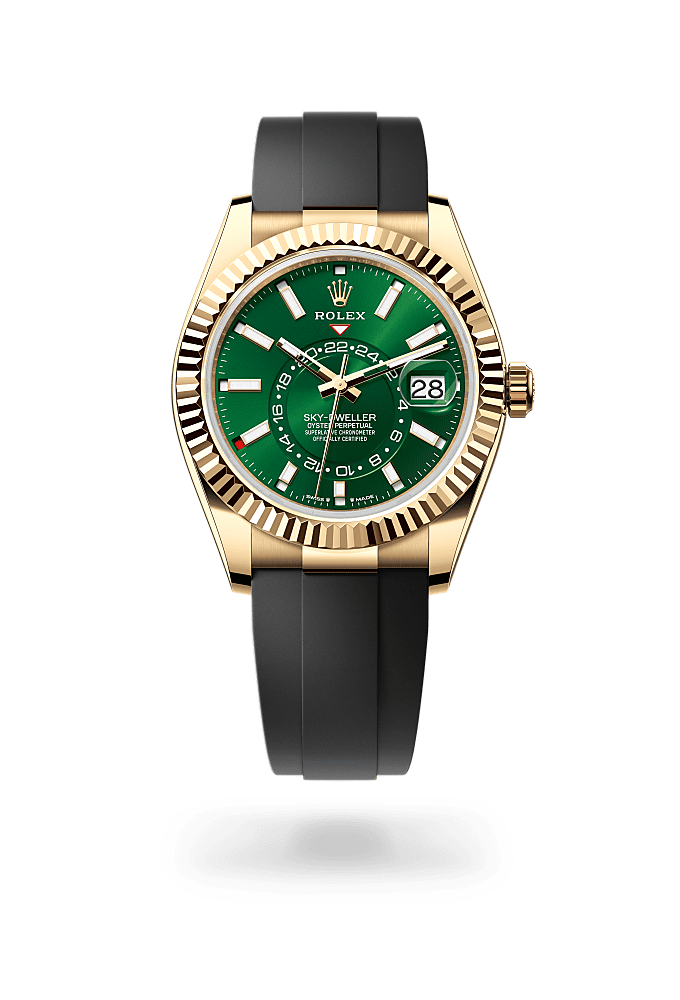 Sky-Dweller, Oyster, 42 mm, vàng kim, Mặt đồng hồ : Màu xanh lá cây tươi, Rolex