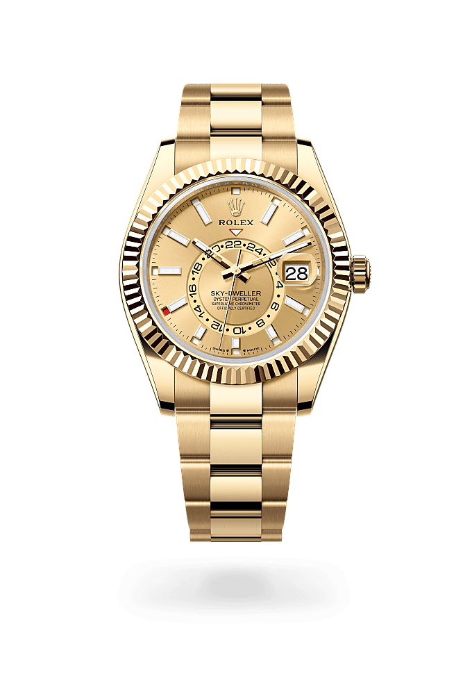 Sky-Dweller, Oyster, 42 mm, emas kuning, Permukaan : Warna champagne, Rolex