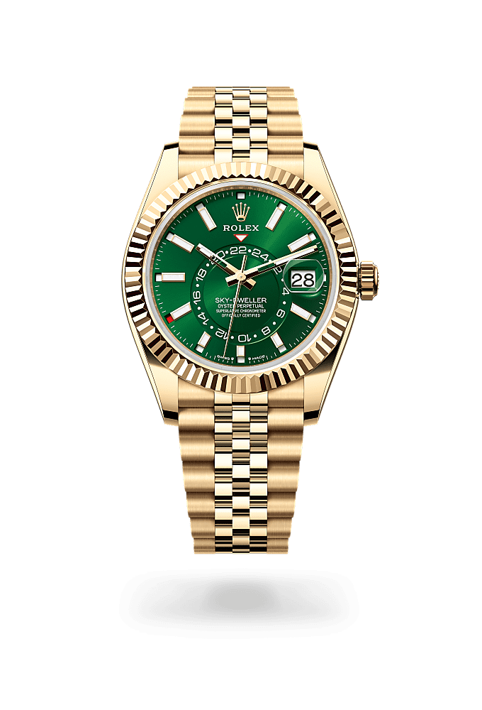 Sky-Dweller, Oyster, 42 mm, ouro amarelo, Mostrador : Verde vivo, Rolex