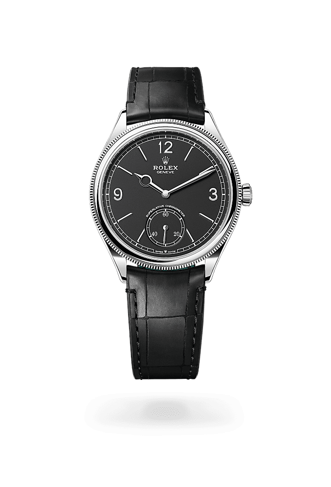 1908, Emas putih 18 karat, 39 mm, kemasan digilap, Permukaan : Hitam terang, Rolex