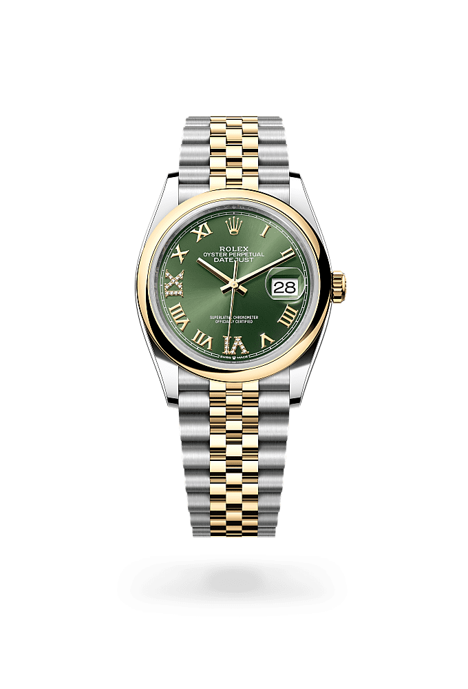 Datejust 36, Oyster, 36 mm, acero Oystersteel y oro amarillo, Esfera : Verde oliva engastada de diamantes, Rolex