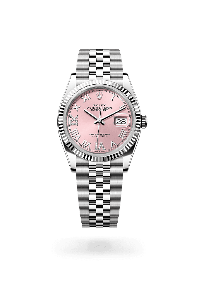 Datejust 36, Oyster, 36 mm, acero Oystersteel y oro blanco, Esfera : Rosa, engastada de diamantes, Rolex