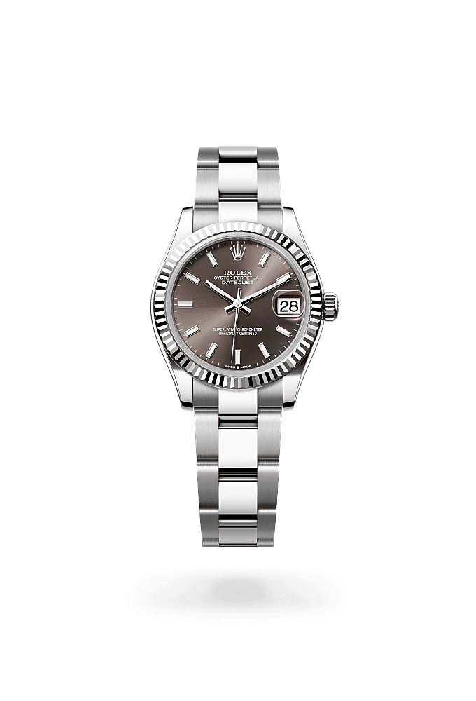 Datejust 31, Oyster, 31 mm, acero Oystersteel y oro blanco, Esfera : <i>Dark grey</i>, Rolex