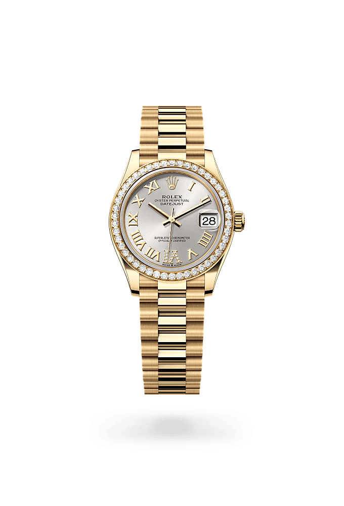 Datejust 31, Oyster, 31 mm, oro amarillo y diamantes, Esfera : Plateada engastada de diamantes, Rolex