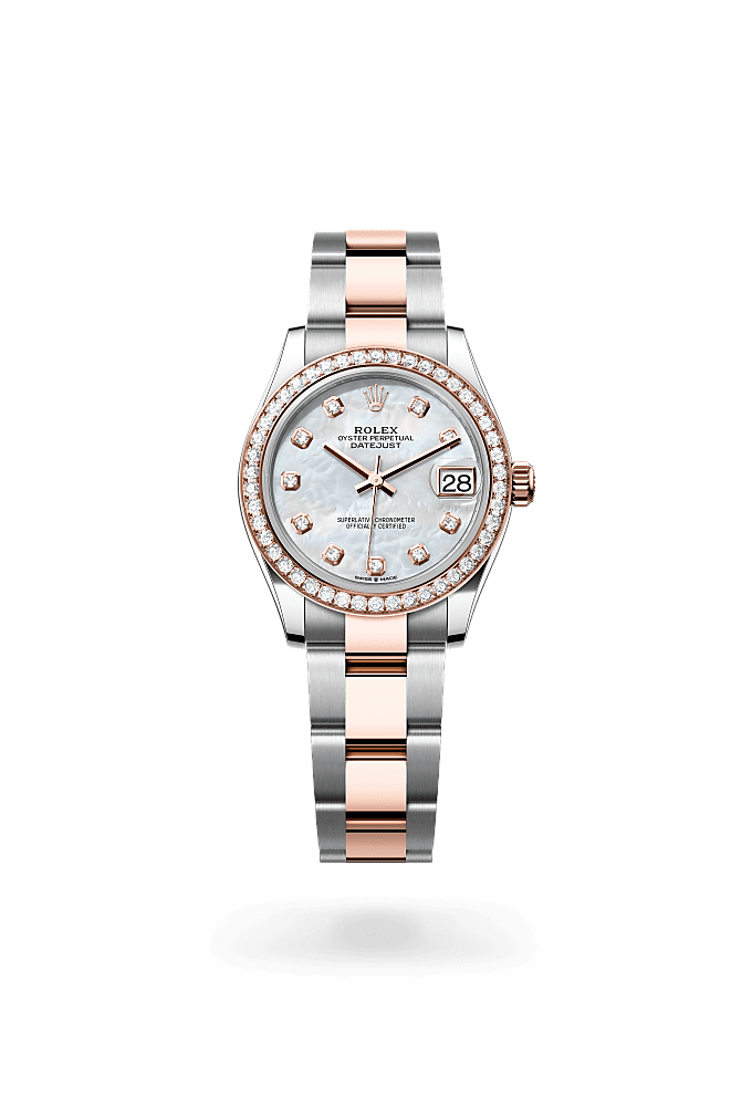 Datejust 31, Oyster, 31 mm, acero Oystersteel, oro Everose y diamantes, Esfera : Nácar blanco engastada de diamantes, Rolex