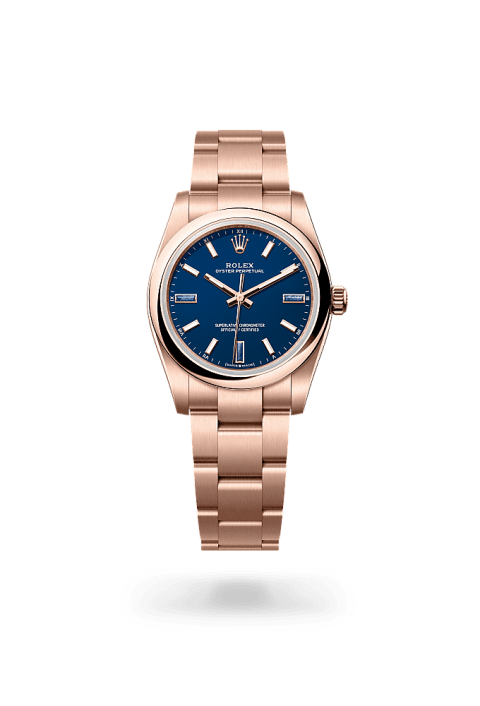 Rolex Oyster Perpetual 34 in Everose gold with blue stone dial