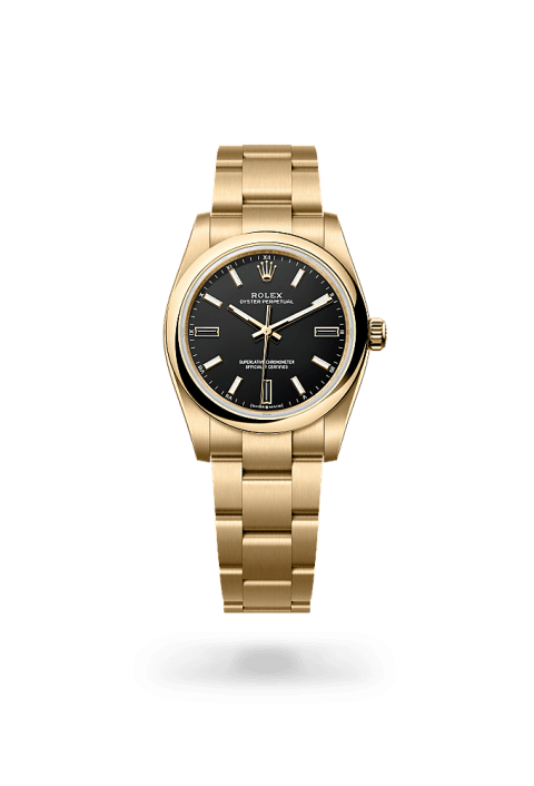 Rolex Oyster Perpetual 34 in yellow gold with black dial