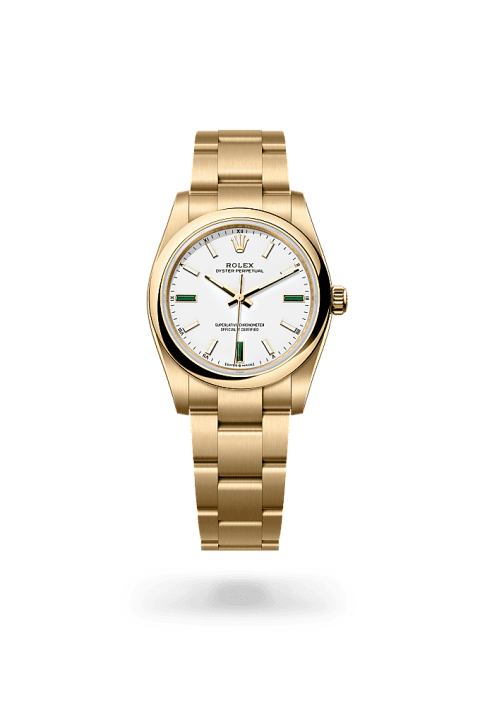Rolex Oyster Perpetual 34 in yellow gold with white dial