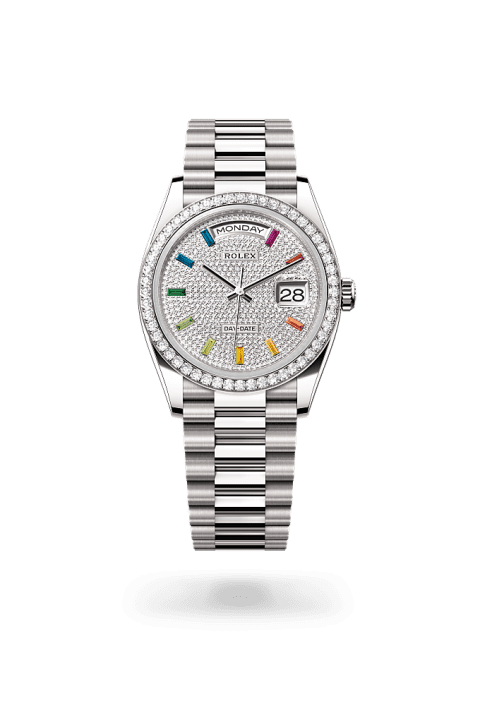 Rolex Day-Date 36 2026 white gold with diamond-paved dial and diamond bezel