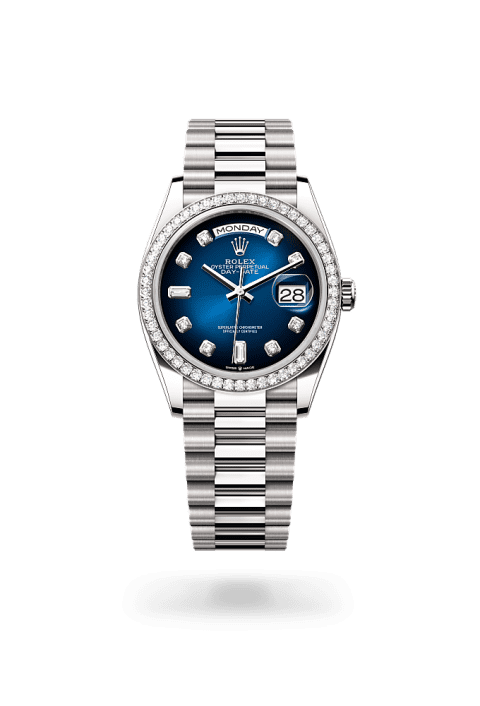 Rolex Day-Date 36 in white gold and diamonds with blue ombré diamond dial