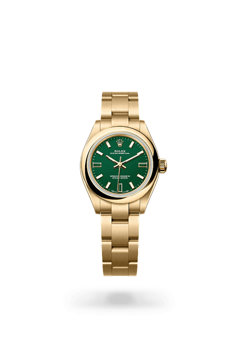 Rolex Oyster Perpetual 28 in yellow gold with green stone dial