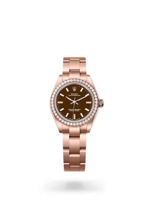 Rolex Oyster Perpetual 28 in Everose gold and diamonds with brown stone diamond dial