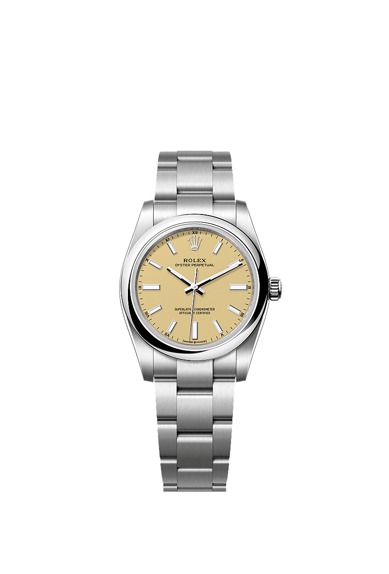 Oyster Perpetual 34, Oyster, 34 mm, Oystersteel, Dial : Beige, Rolex