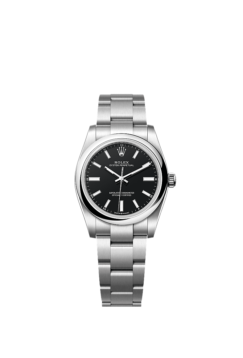 Oyster Perpetual 34, 蠔式，34毫米，蠔式鋼, 錶面 : 黑色, Rolex