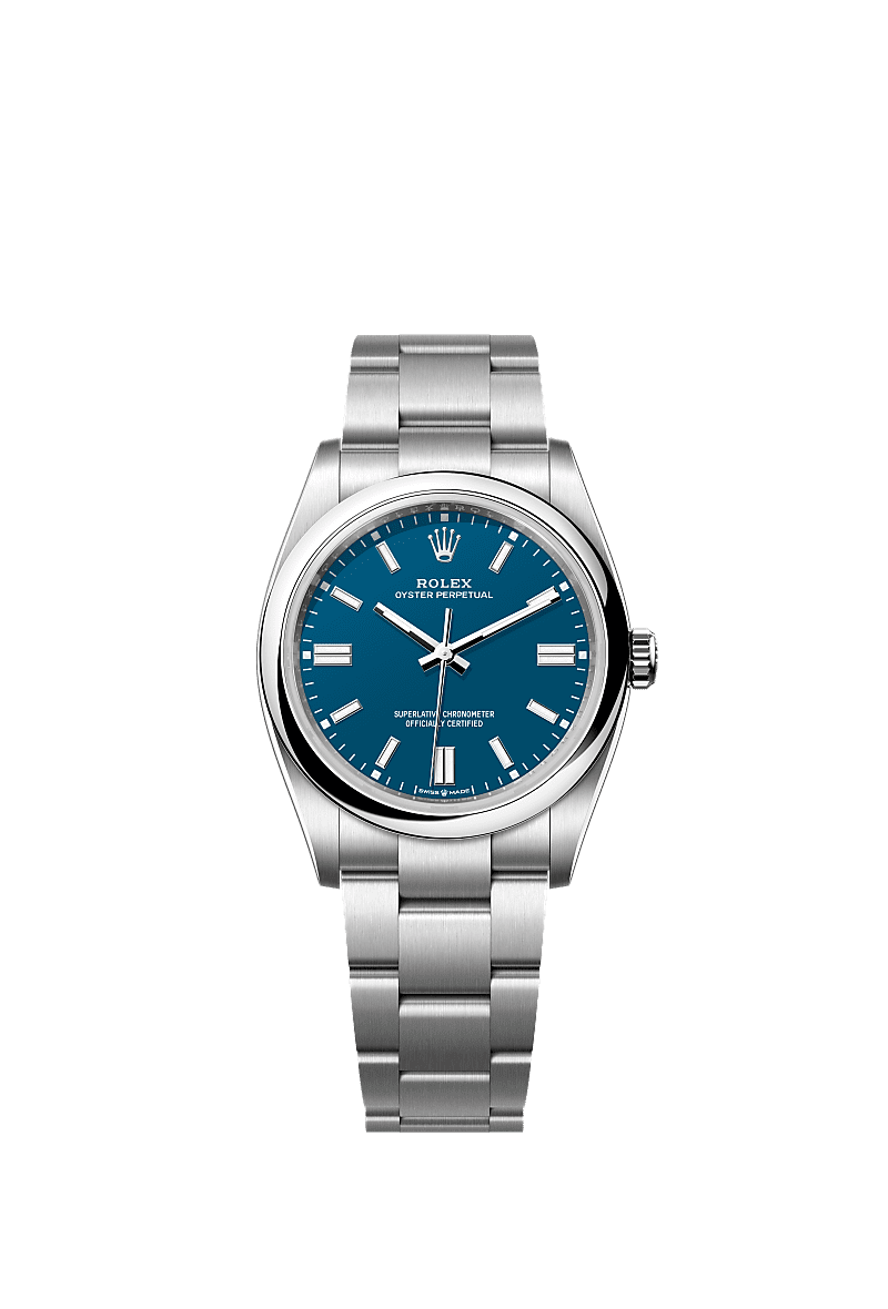 Oyster Perpetual 36, Oyster, 36 mm, Oystersteel çelik, Kadran : <i>Med blue</i>, Rolex