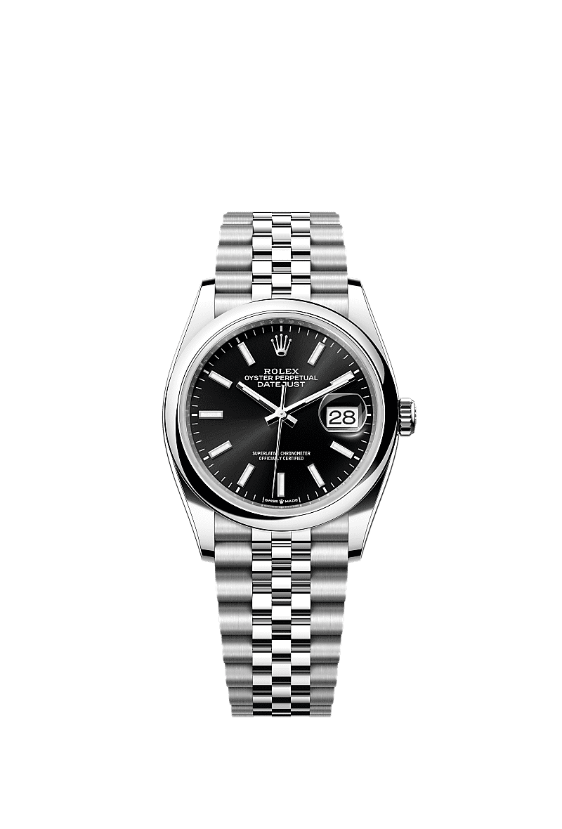 デイトジャスト 36, オイスター、36 mm、オイスタースチール, ダイアル : ブライトブラック, Rolex