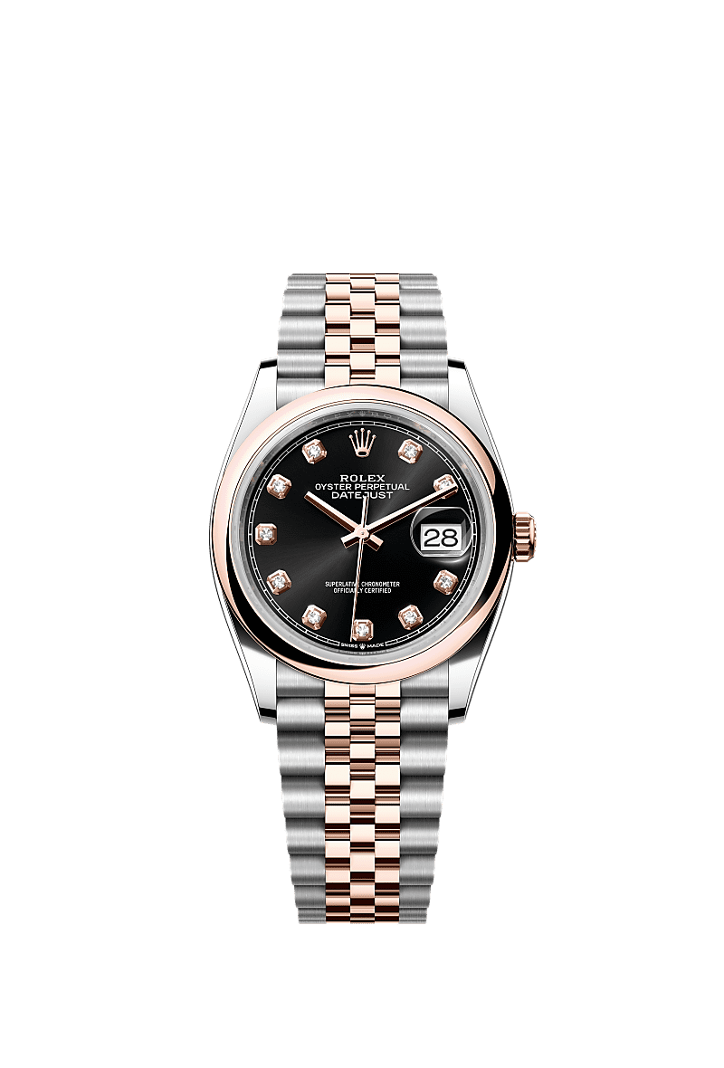 Datejust 36, Oyster, 36 mm, acciaio Oystersteel e oro Everose, Quadrante : Nero vivo con diamanti, Rolex
