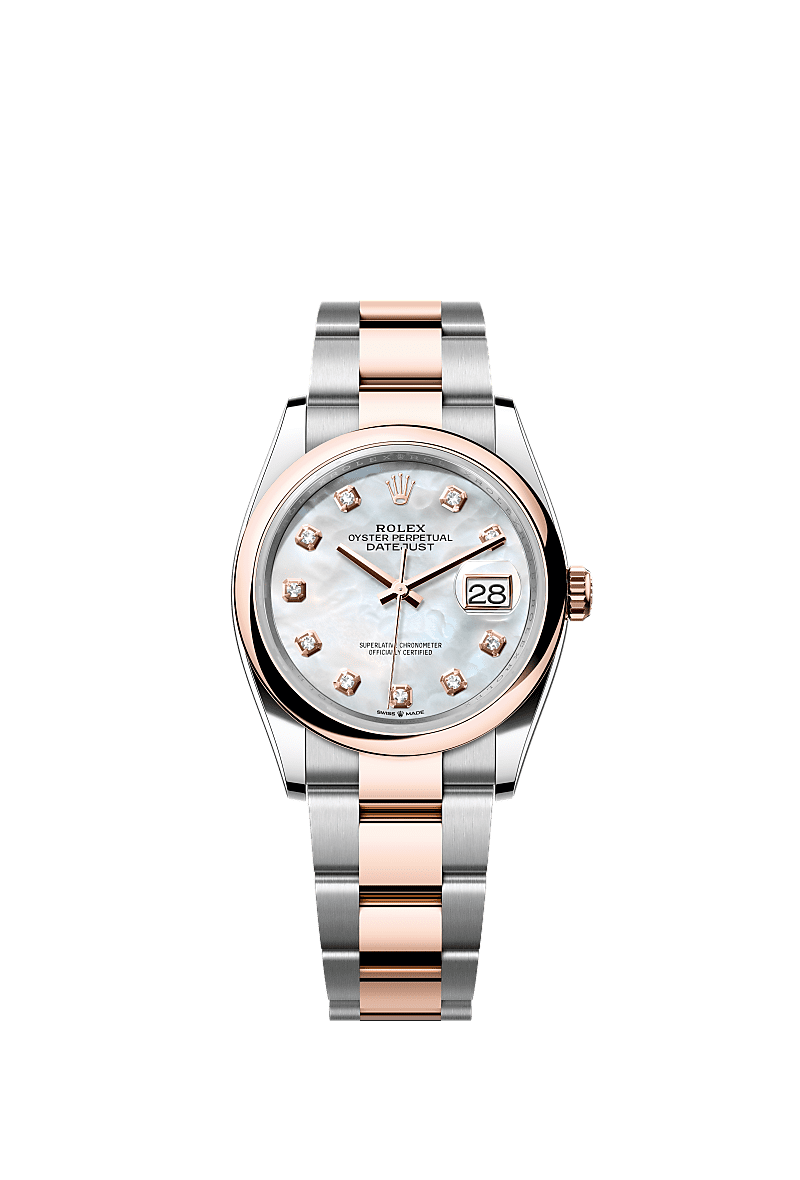 Datejust 36, Oyster, 36 mm, aço Oystersteel e ouro Everose, Mostrador : Madrepérola branca cravejado de diamantes, Rolex