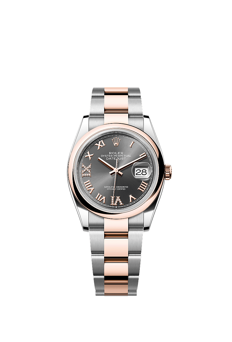 Datejust 36, Oyster, 36 mm, Oystersteel çelik ve Everose altın, Kadran : Pırlantalı arduvaz, Rolex