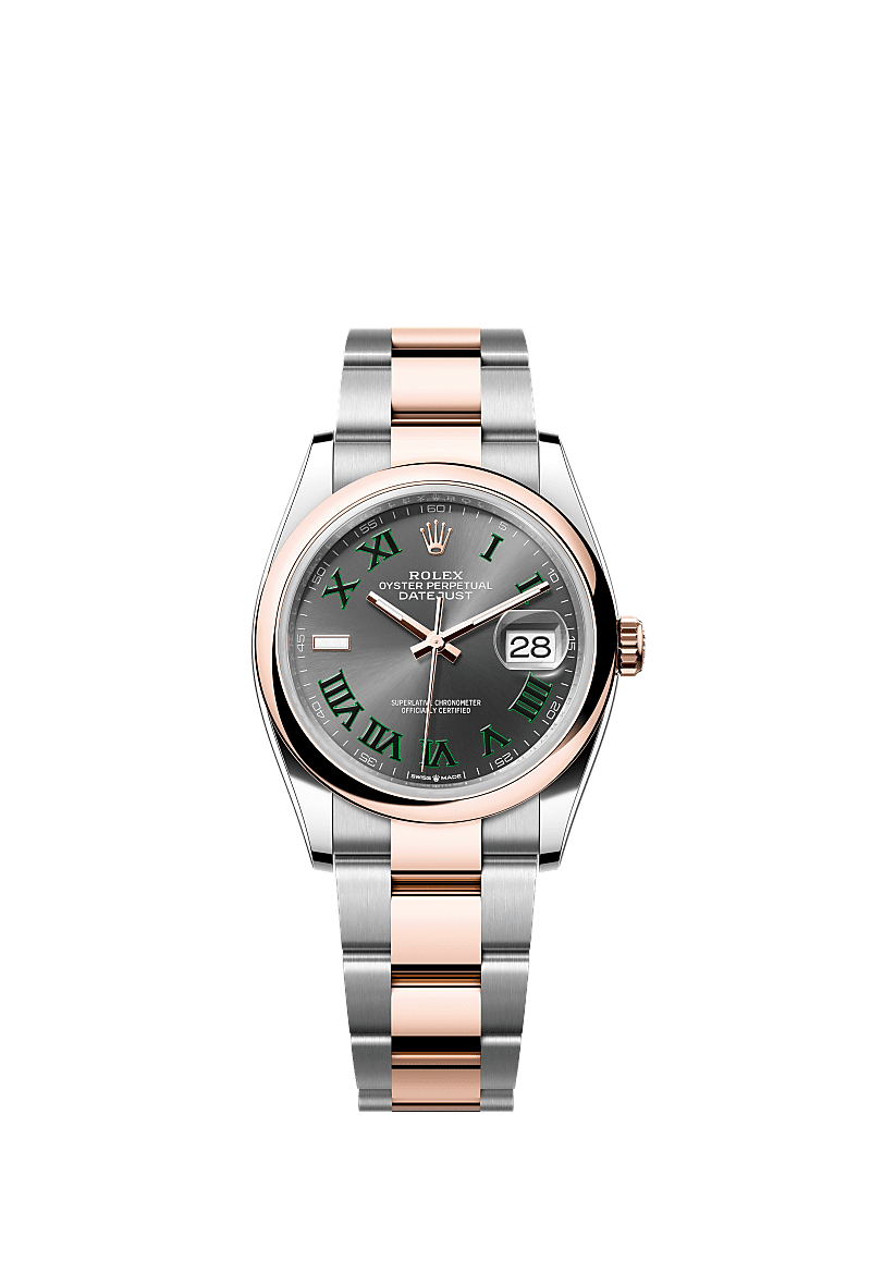 ديت جست ٣٦, أويستر، ٣٦ مم، من فولاذ أويستر ستيل وذهب إيفروز, المينا : رمادي داكن, Rolex