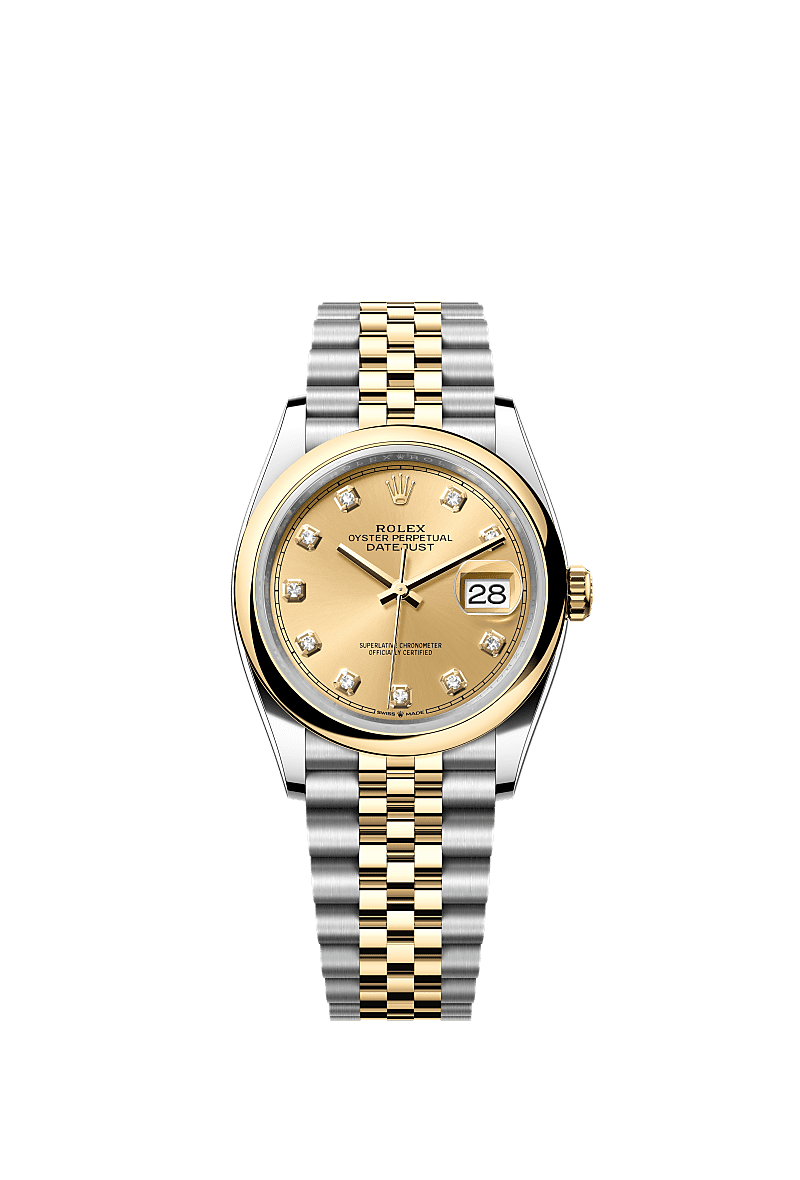 Datejust 36, Oyster, 36 mm, Oystersteel en geelgoud, Wijzerplaat : Champagnekleurig, bezet met diamanten, Rolex