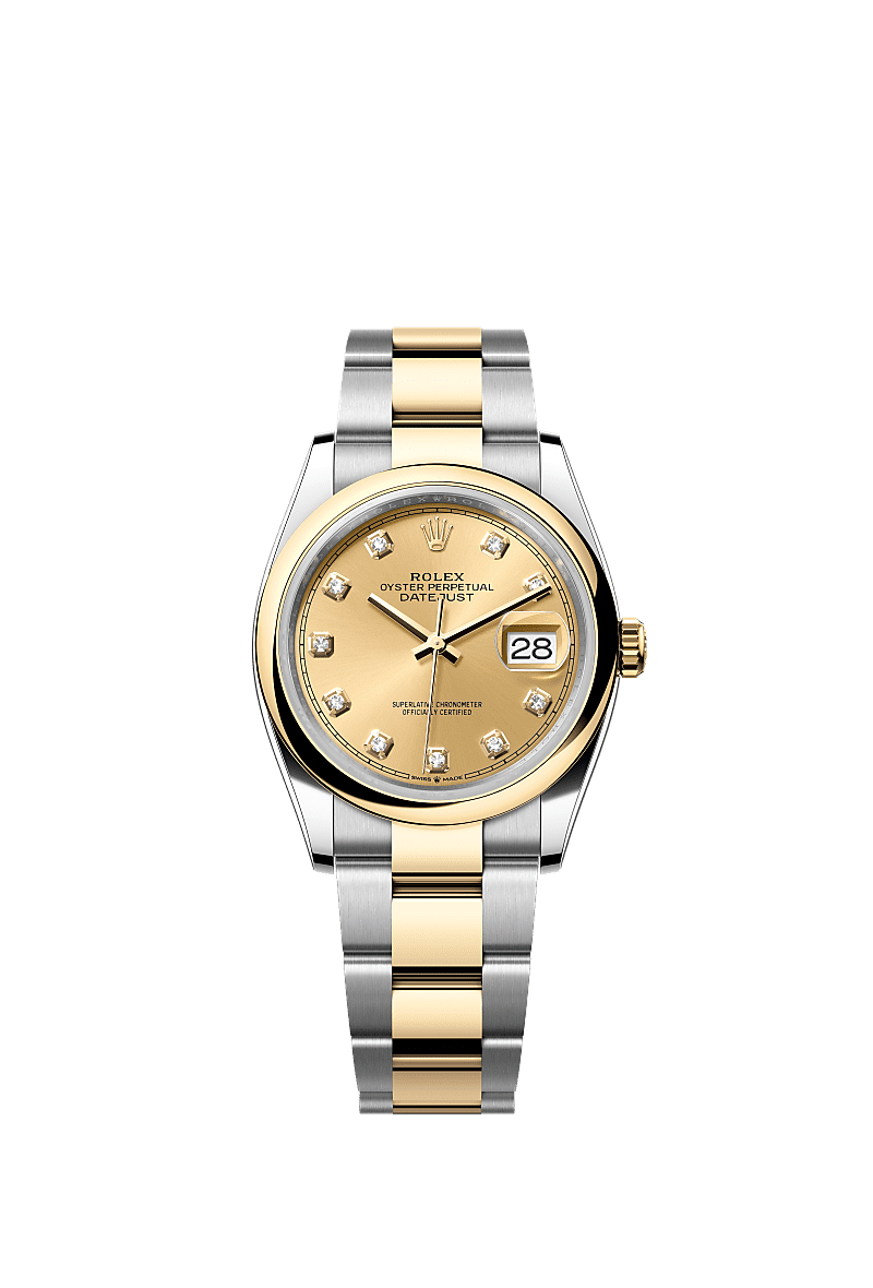 Datejust 36, Oyster, 36 mm, Oystersteel çelik ve sarı altın, Kadran : Pırlantalı, şampanya rengi, Rolex