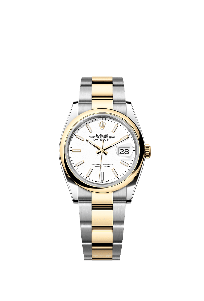 Datejust 36, Oyster, 36 mm, Oystersteel dan emas kuning, Permukaan : Putih, Rolex