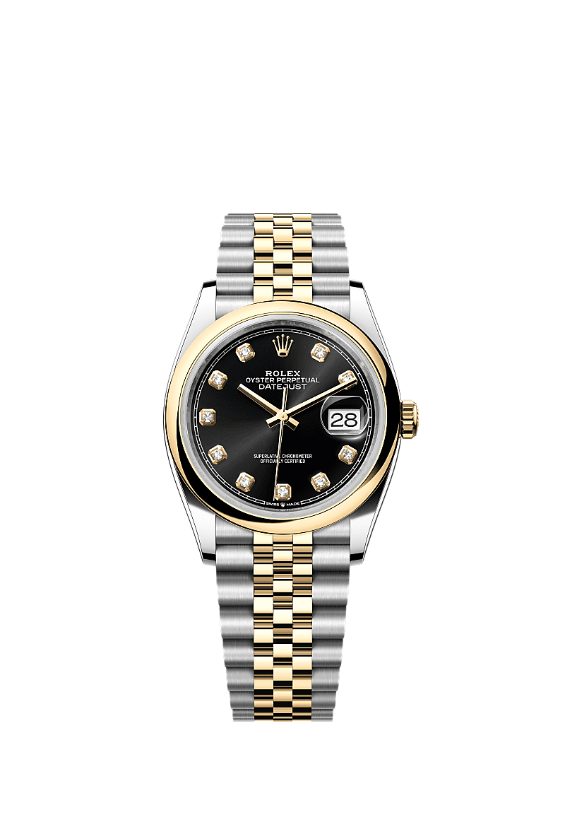 Datejust 36, Oyster, 36 mm, acciaio Oystersteel e oro giallo, Quadrante : Nero vivo con diamanti, Rolex