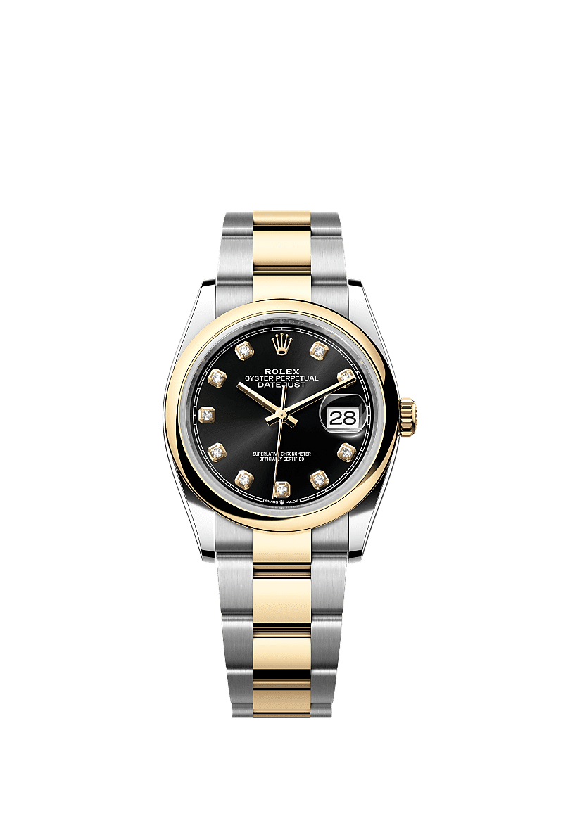 Datejust 36, Oyster, 36 mm, Oystersteel en geelgoud, Wijzerplaat : Helderzwart, bezet met diamanten, Rolex