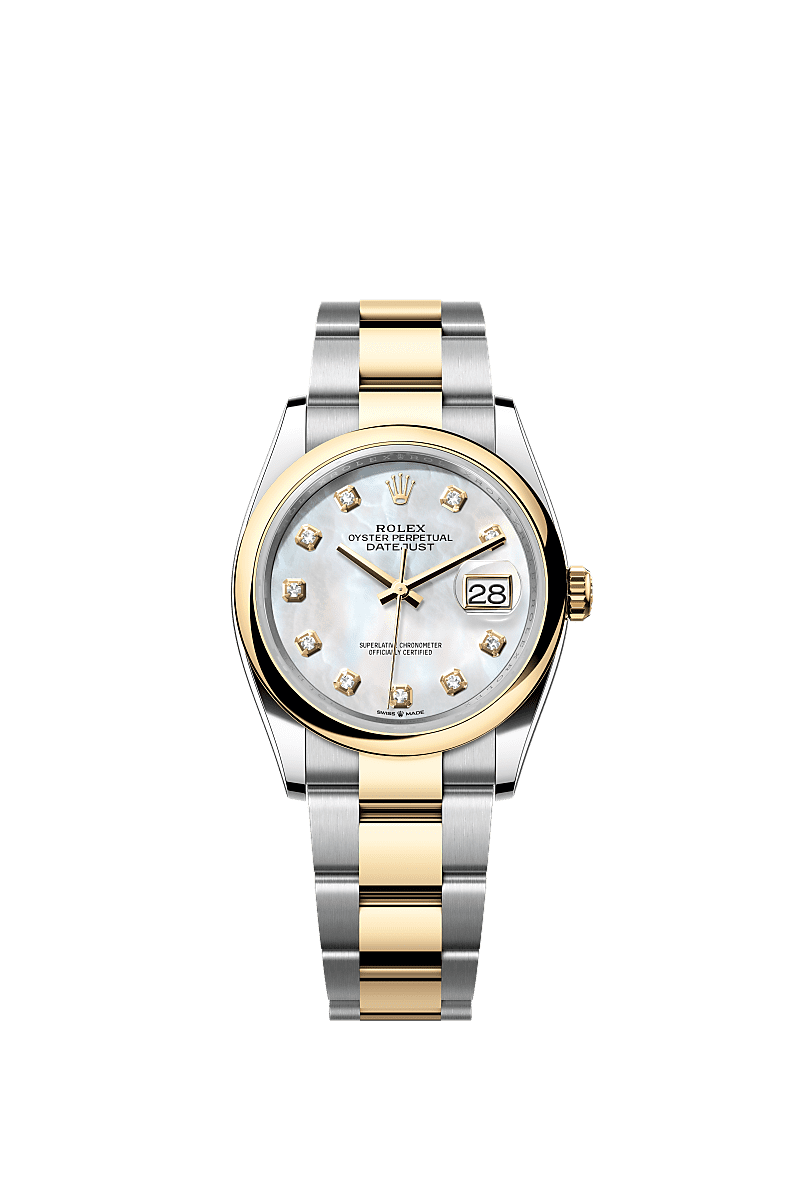 Datejust 36, Oyster, 36 mm, thép Oystersteel và vàng kim, Mặt đồng hồ : Mặt đồng hồ ngọc trai trắng nạm kim cương, Rolex