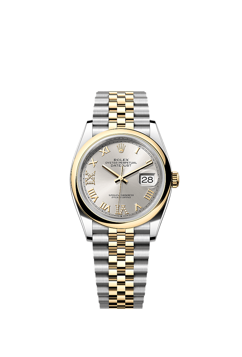 Datejust 36, Oyster, 36 mm, acier Oystersteel et or jaune, Cadran : Argenté, serti de diamants, Rolex