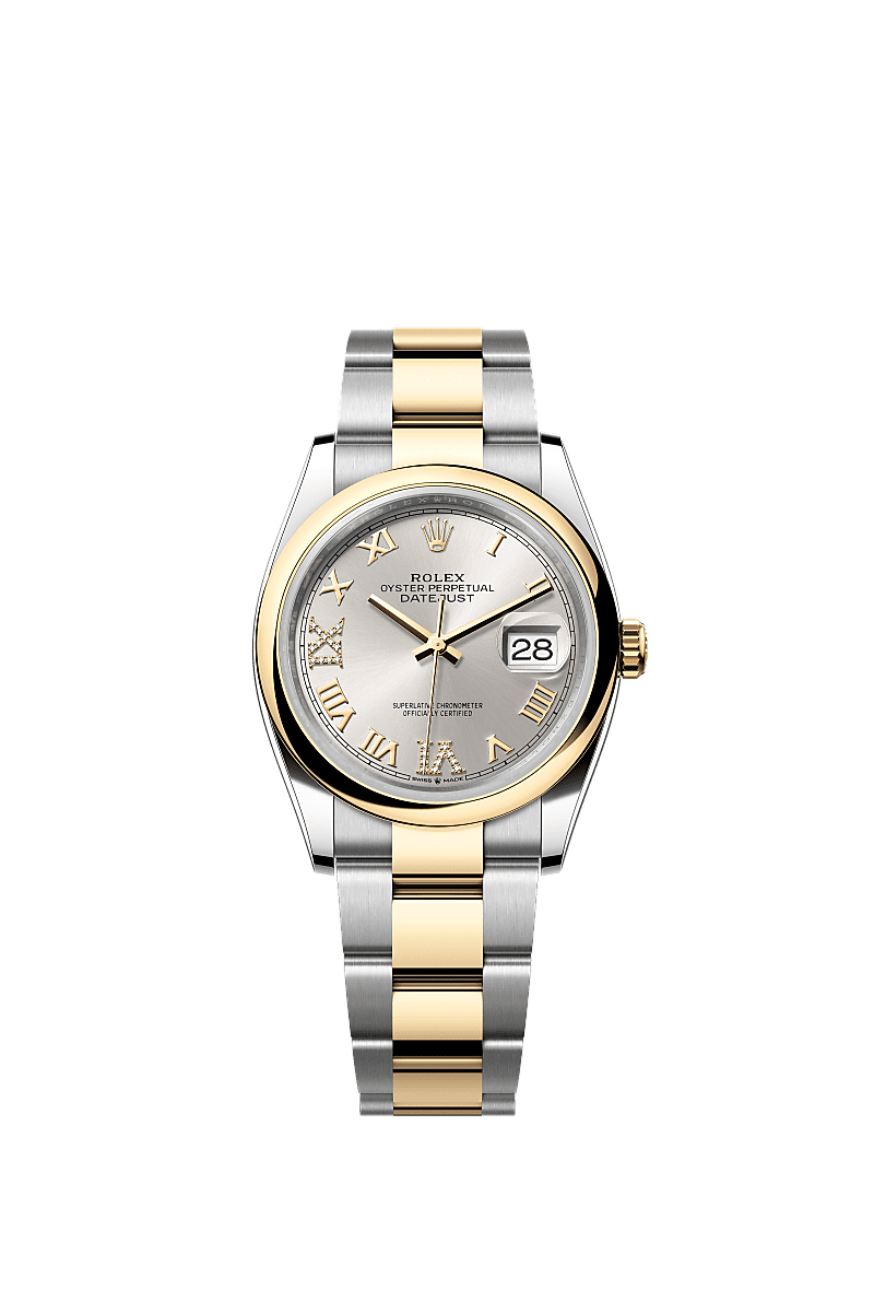 Datejust 36, Oyster, 36 mm, aço Oystersteel e ouro amarelo, Mostrador : Prateado cravejado de diamantes, Rolex