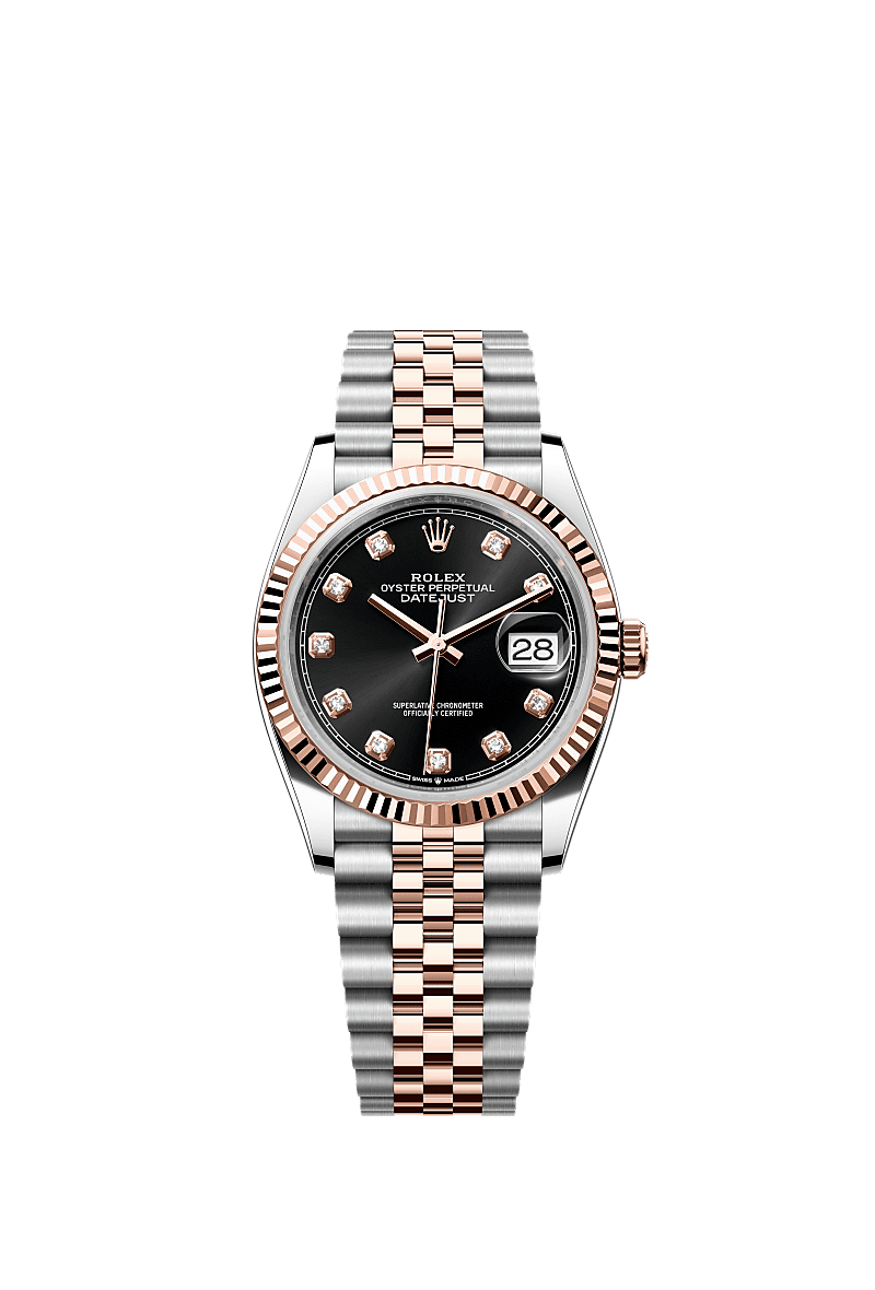 Datejust 36, Oyster, 36 mm, acciaio Oystersteel e oro Everose, Quadrante : Nero vivo con diamanti, Rolex