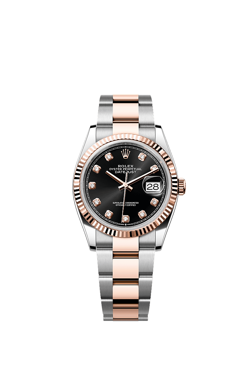 Datejust 36, Oyster, 36 mm, Oystersteel and Everose gold, Dial : Bright black set with diamonds, Rolex